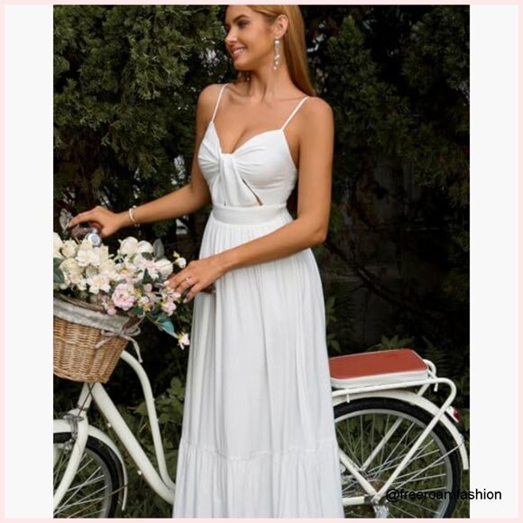 Women's Summer Maxi Dress V-Neck Cutout Smocked Back Flowy A-Line - Picture 5 of 6